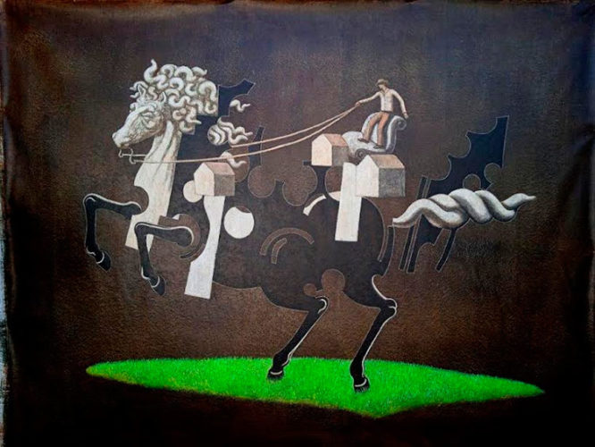 Monumento al riesgo, 2021, acrílico sobre lienzo, 156x200 cm. Foto: Cortesía de Agustín Bejarano Caballero