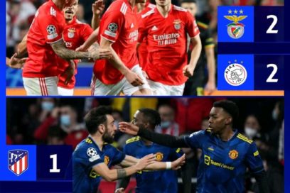 Champions hoy: Manchester United salió vivo del Wanda Metropolitano y empató a uno con el Atlético de Madrid. Joao Félix adelantó a los colchoneros de cabeza y Elanga marcó la igualdad. En el otro choque de la jornada, Benfica y Ajax empataron a 2.