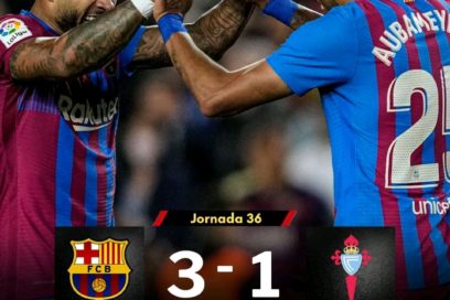 El Barça gana al Celta: Un doblete de Aubameyang y otro tanto de Memphis Depay dieron la victoria al Barça 3-1 sobre el Celta en el Camp Nou, en choque correspondiente a la jornada 36 de LaLiga. Araújo se retiró en ambulancia tras choque con Gavi.