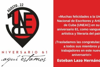 Esteban Lazo felicita a la Uneac por aniversario de su fundación