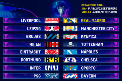 Octavos Champions: Liverpool-Madrid, Frankfurt-Napoli, PSG-Bayern, Milan-Tottenham, Brujas-Benfica, Dortmund-Chelsea, Leipzig-City, Inter-Porto. En los play offs de Europa League sobresalen los cruces: Barça-Man. United, Sevilla-PSV y Juve-Nantes.