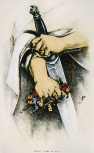 A drawing published in the press as part of a campaign to support the government and reject the demonstrators.