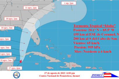 Tormenta Tropical Idalia con lento movimiento sobre el noroeste del mar Caribe