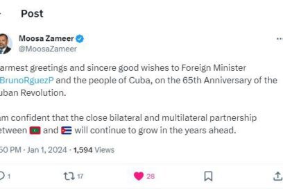 Felicita canciller de Maldivas a Cuba por aniversario de Revolución