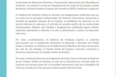 Honduras exige excluir a Cuba de ilegal lista de Estados Unidos