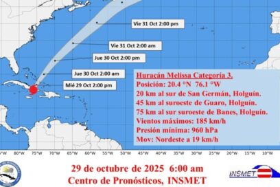 AVISO. 24 (6:00 am) Melissa transita sobre la ciudad de Contramaestre