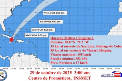 AVISO No. 23. (3:00 am): Melissa toca tierra en el municipio de Guamá