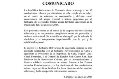 Honra Venezuela a combatientes cubanos caídos en ataque de EE.UU.